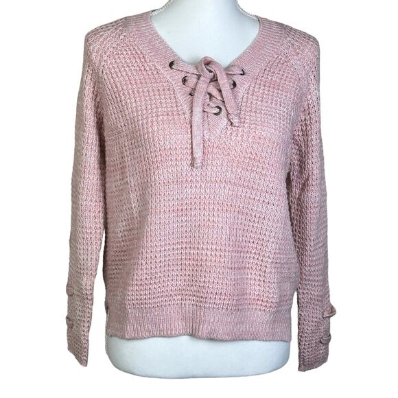 It's Our Time Sweater Women Medium Pink V Neck Drawstring Cottage Waffle Knit - Picture 1 of 14